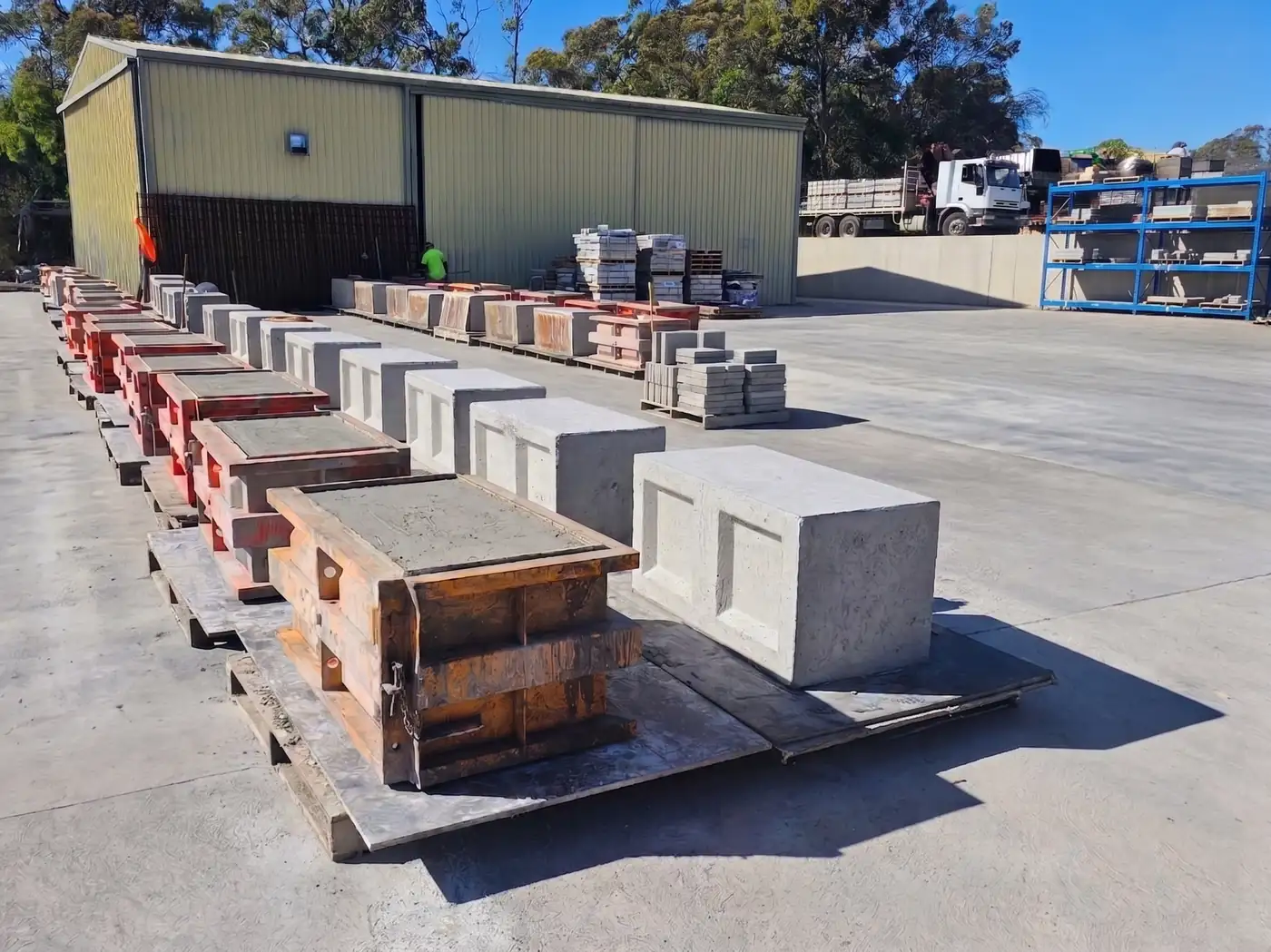 Symon Concrete Products manufacturing yard — concrete blocks and moulds at our NSW facility